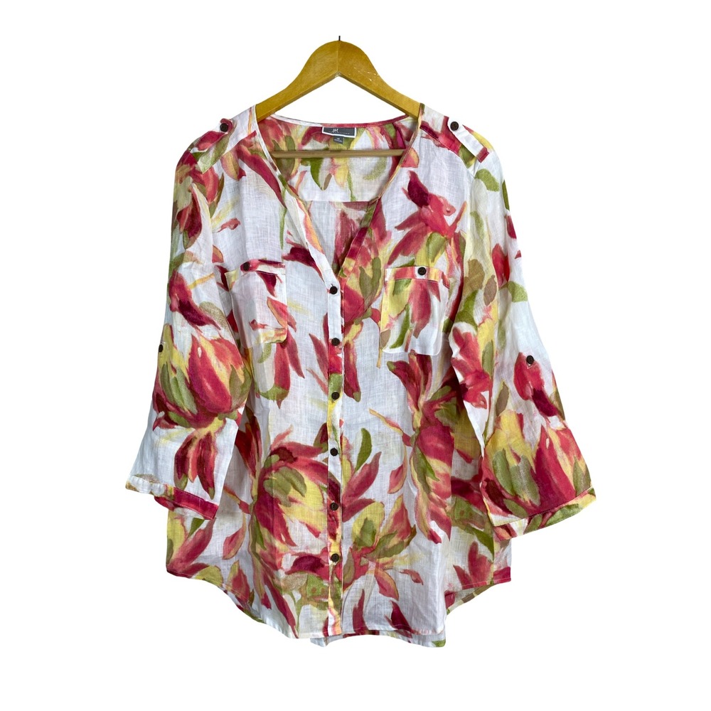 JM Collection Women 16 XL Floral 100% Linen Button Down Roll Tab Sleeve Shirt